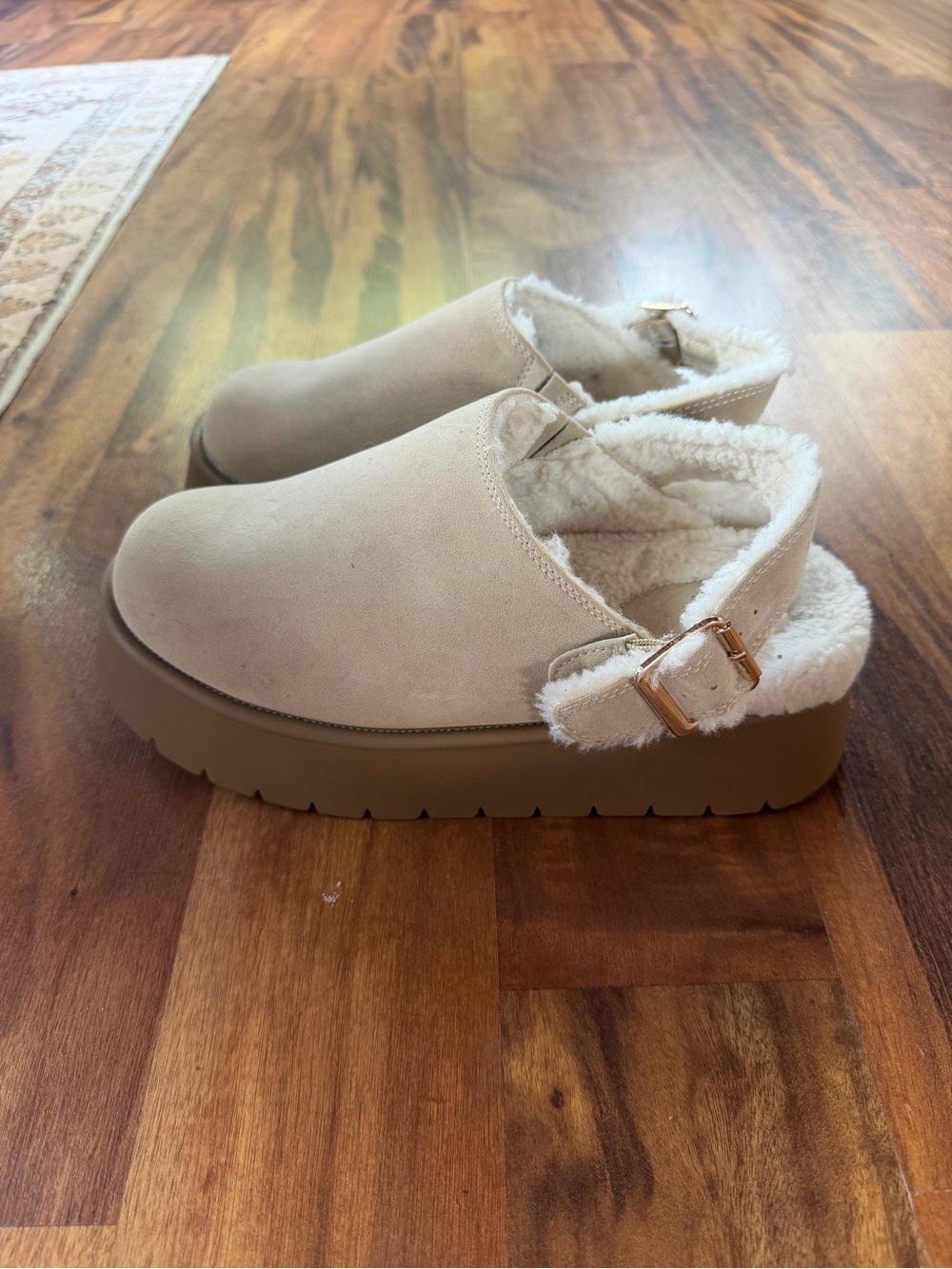wild fable Cream Faux-Suede Fur-Lined Clog with Gold Buckle